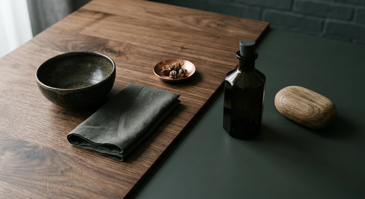 Handmade vessels and natural objects arranged on a dark timber worktable