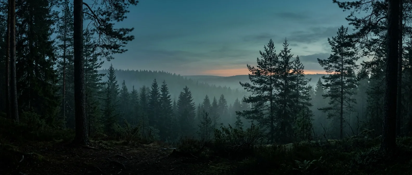 Layers of evergreen canopy fading into woodland mist.