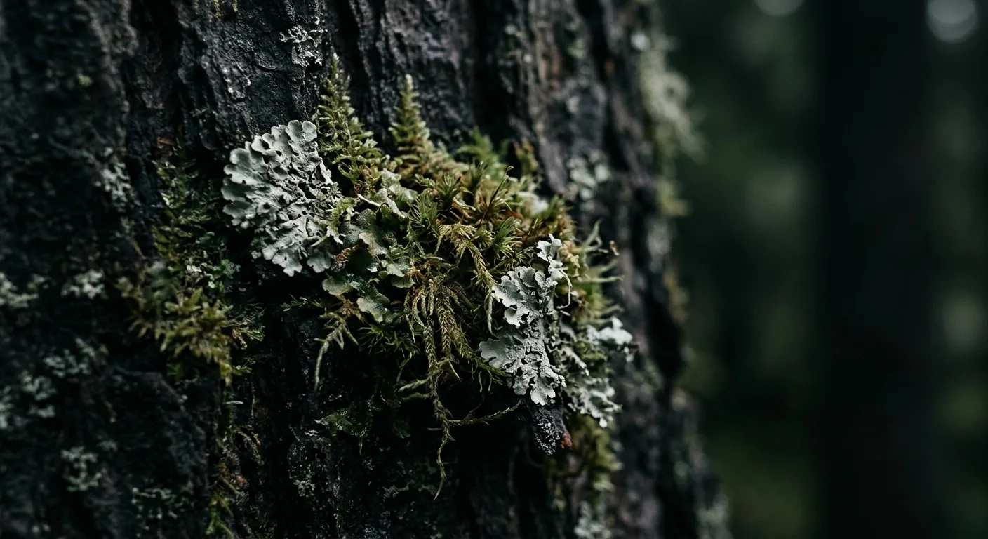 Moss and pale lichen growing across deeply textured forest bark