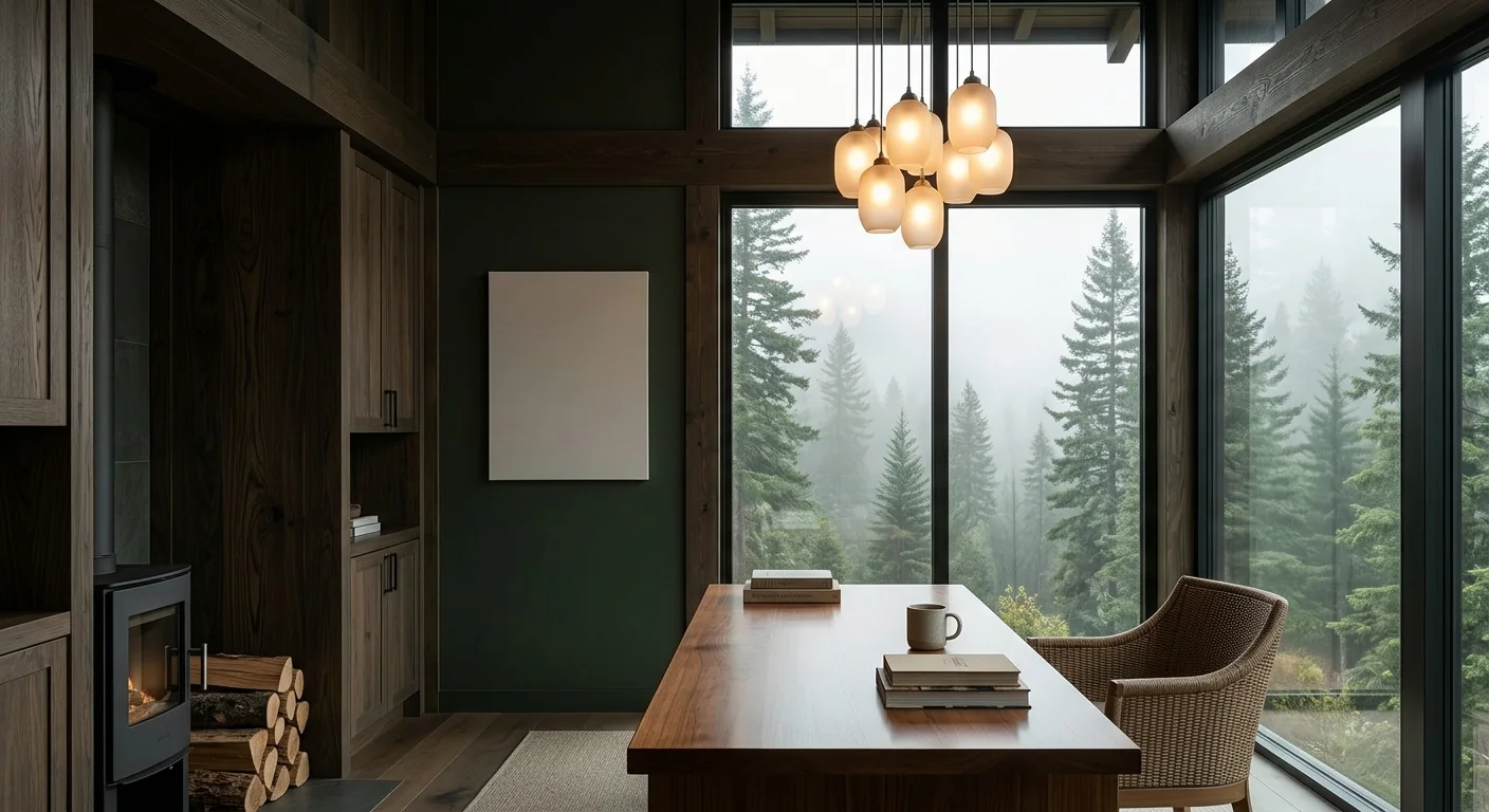 A quiet timber room opening out toward dense green woodland.