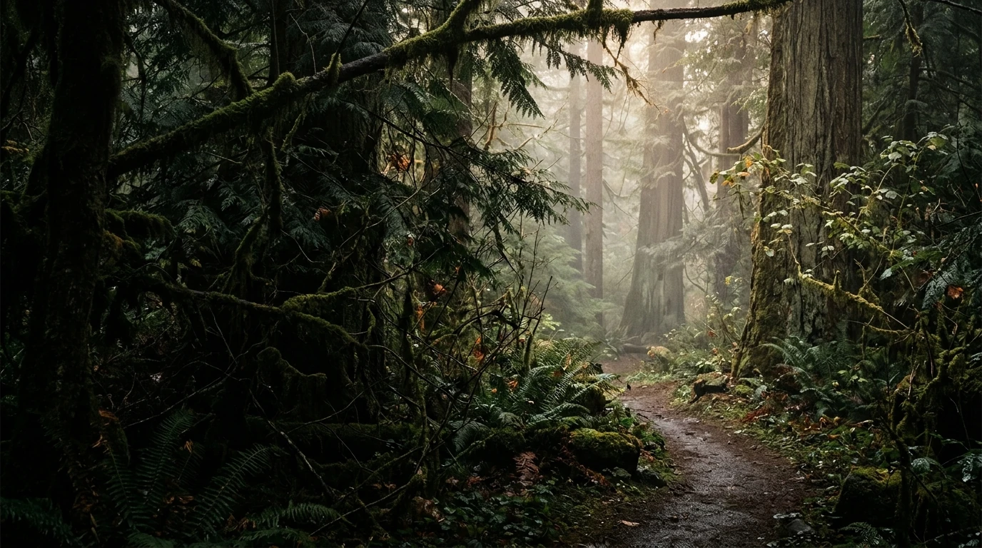 A quiet trail through a deep evergreen forest, with soft light filtering between the trees.