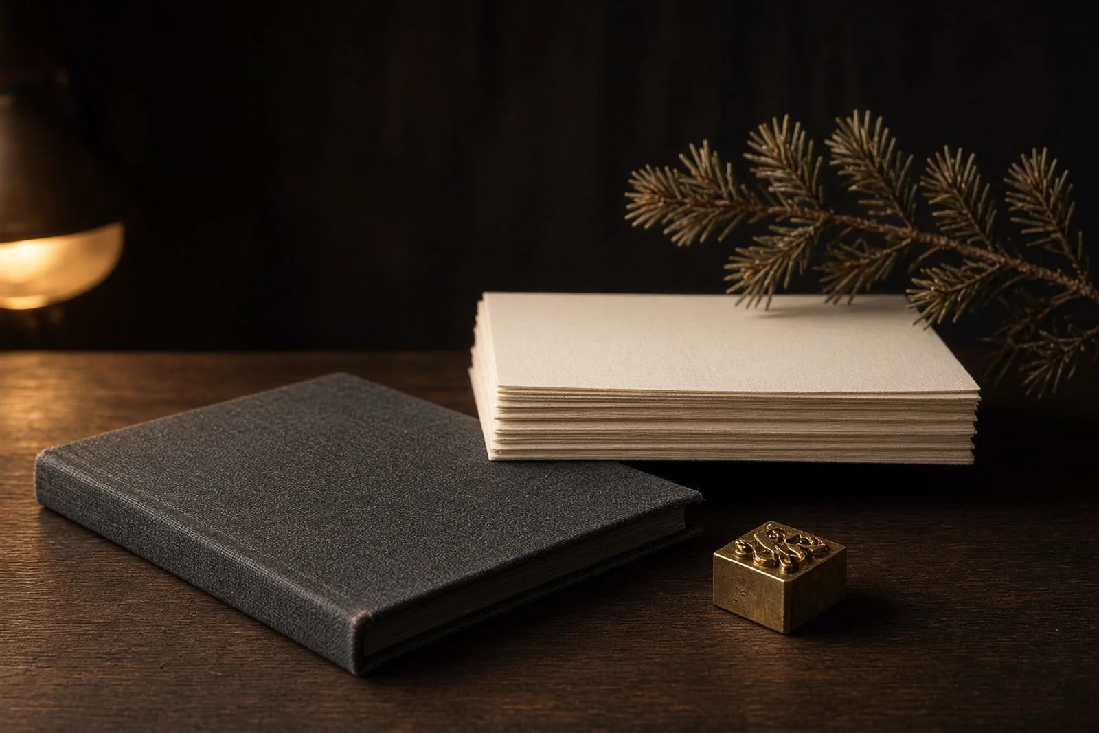 A linen-bound book, thick cream paper, and a brass letterpress block on a dark oak table